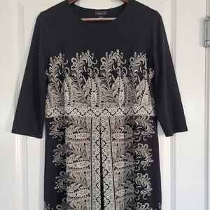 J Jill Dress Wearever Black Paisley Print 3/4 Sleeve Knee Length Pull On M/P